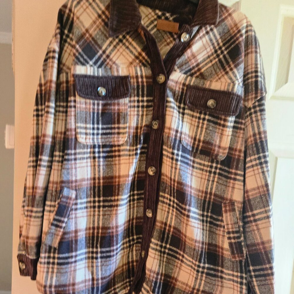 Umgee L brown flannel plaid with brown corduroy trim shacket, NWT